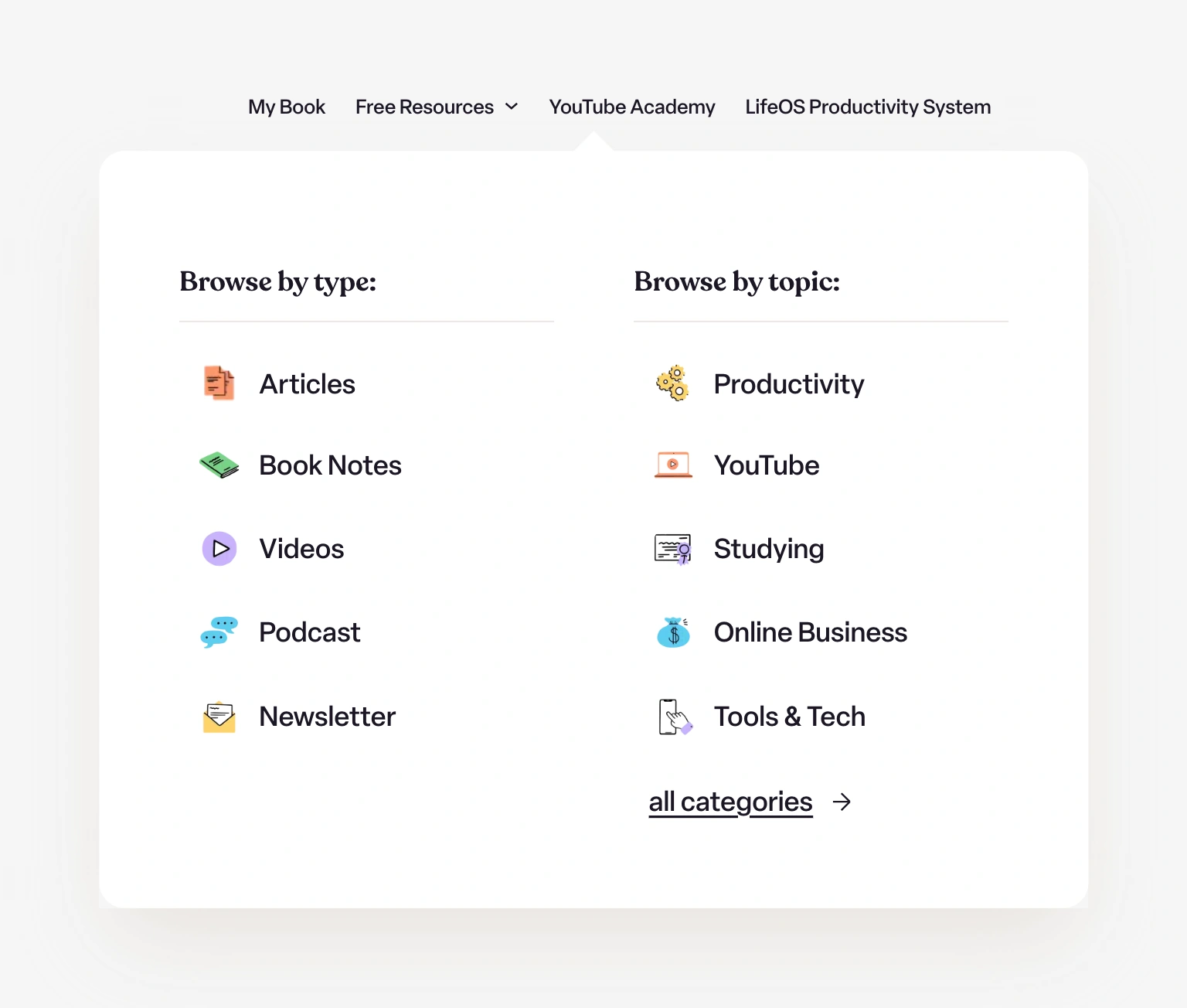 A large, multi-column mega menu displaying various navigation links in an organized layout.